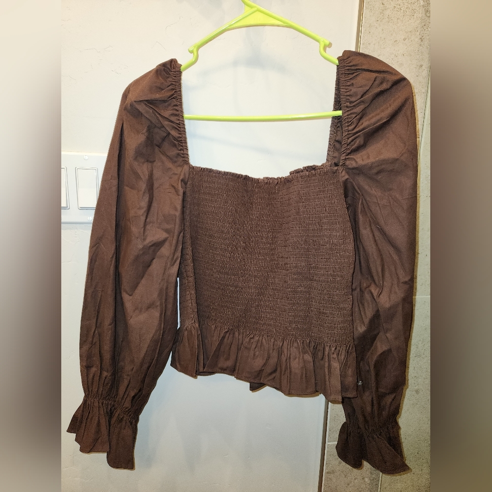 New Reformation Brown Cotton Crop Long Sleeve Top. Size L.